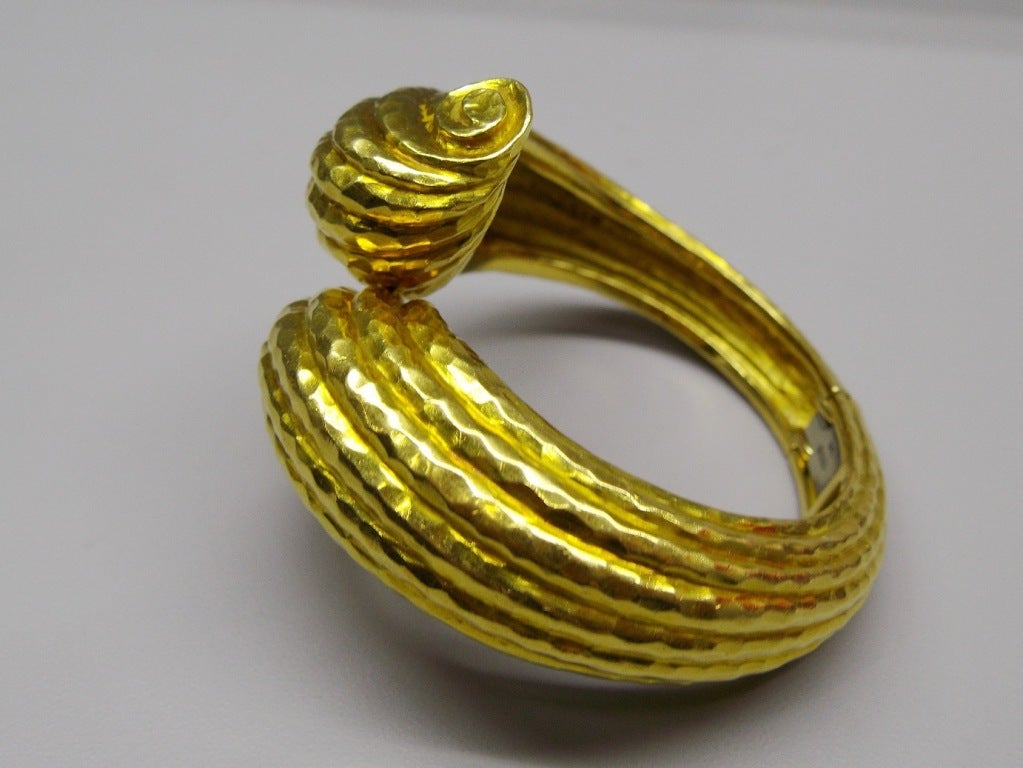 David Webb Hammered Yellow Gold Ribbed Cuff Bracelet