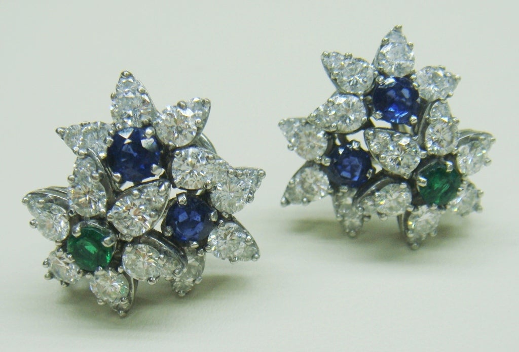 Women's Tiffany & Co Emerald Sapphire Diamond Flower Day Night Earrings For Sale