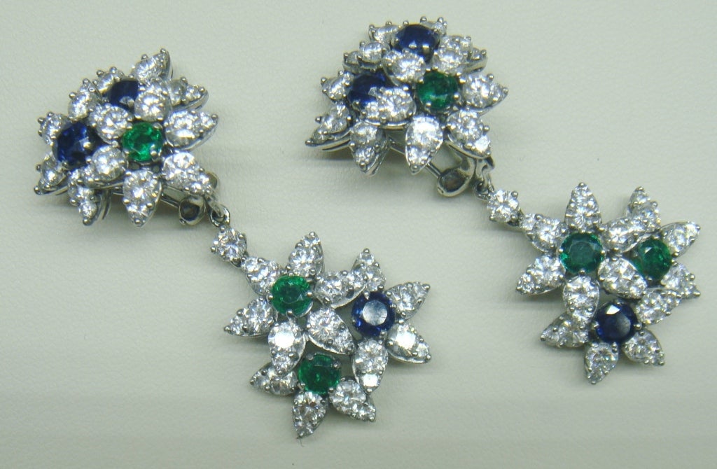 Tiffany & Co Emerald Sapphire Diamond Flower Day Night Earrings For Sale 1
