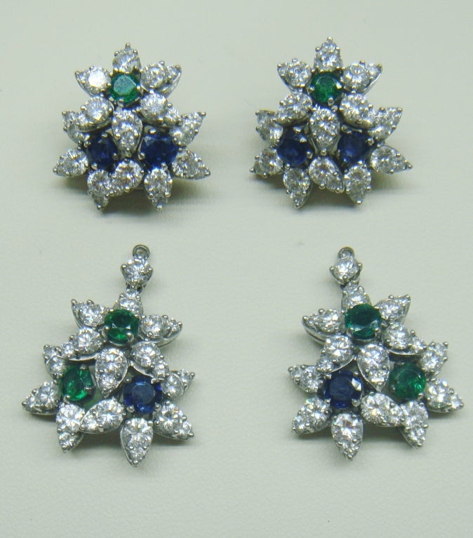 Tiffany & Co Emerald Sapphire Diamond Flower Day Night Earrings For Sale 5