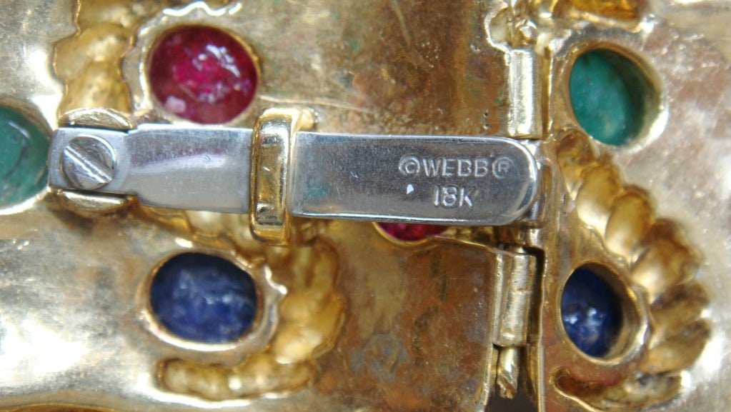 David Webb Yellow Gold Sapphire Emerald Ruby Cuff Bracelet In Excellent Condition For Sale In New York , NY