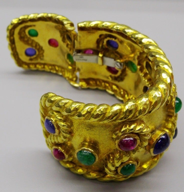 David Webb Yellow Gold Sapphire Emerald Ruby Cuff Bracelet For Sale 1