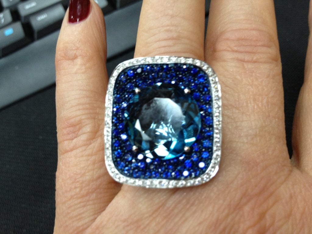 Sensational Blue Topaz Sapphire Diamond Gold Cluster Ring 1