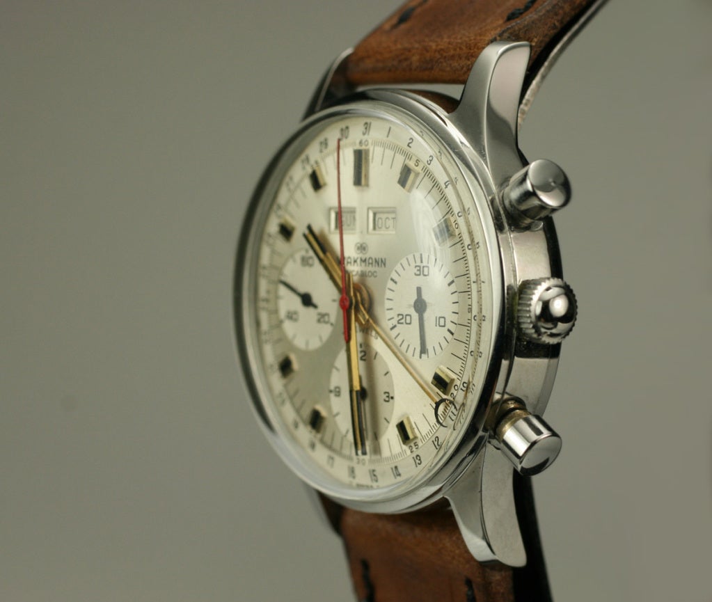 Wakmann Gigandet triple-date chronograph in stainless steel in beautiful condition with a caliber 730 manual wind movement  from the 1960s.
