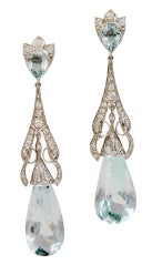 Antique Art Deco Aquamarine Diamond Teardrop Earrings