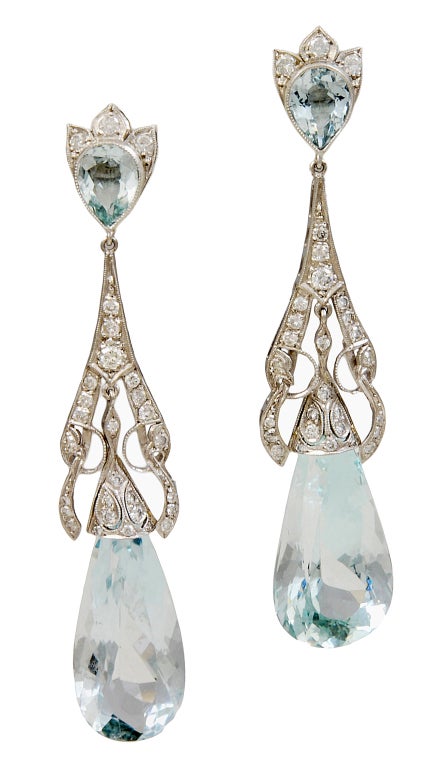 Art Deco Aquamarine Diamond Teardrop Earrings