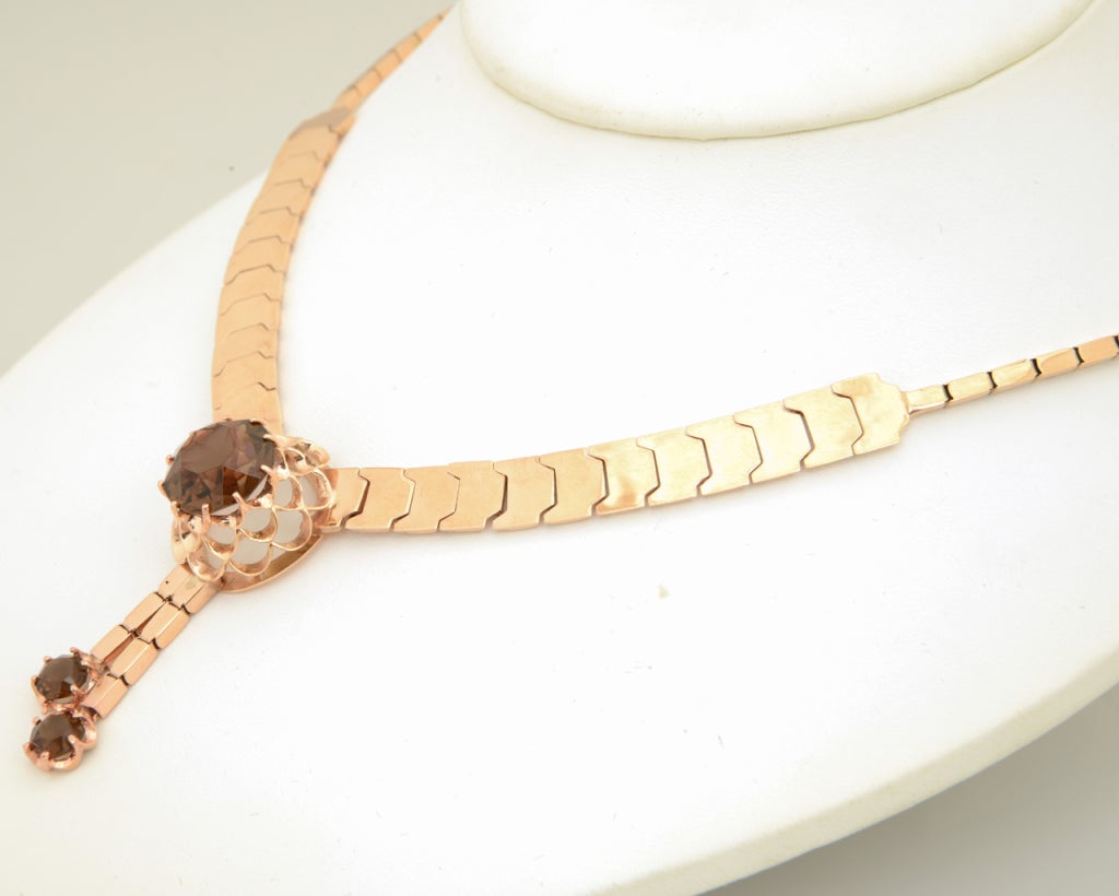 Round Cut Retro Rose Gold and Smoky Topaz Tassel Snake Necklace