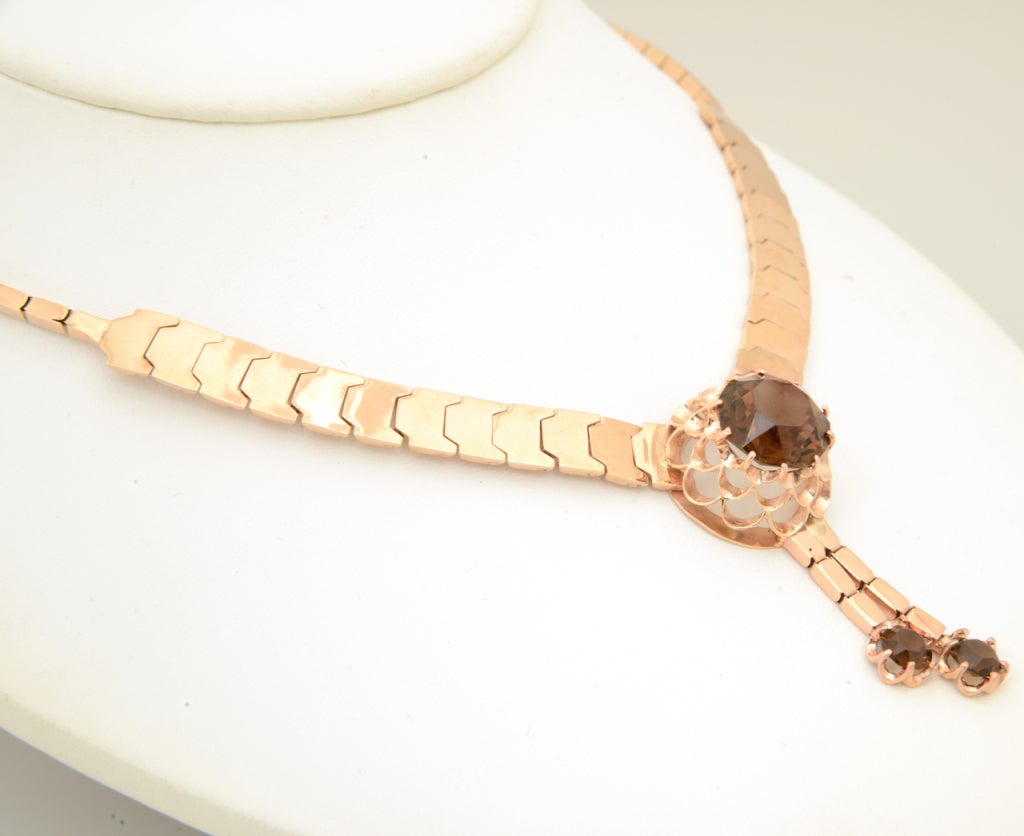 Retro Rose Gold and Smoky Topaz Tassel Snake Necklace In Good Condition In Miami Beach, FL