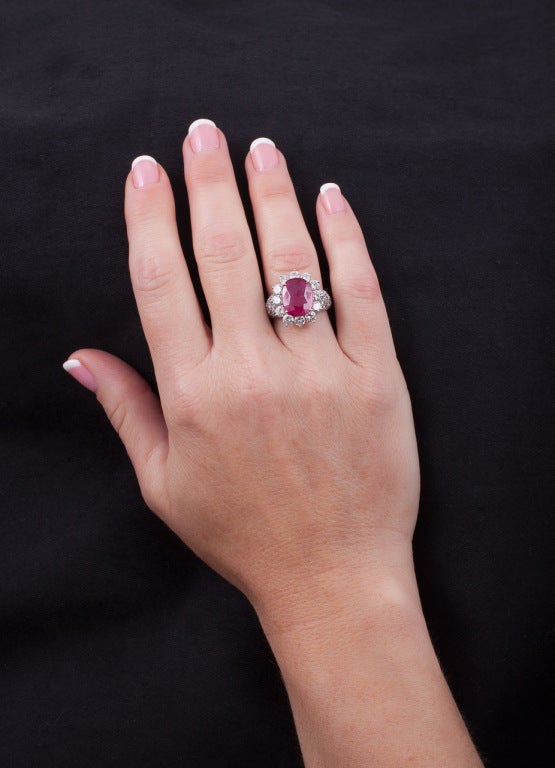 Contemporary AGTA Certified 4.25 Carat Burma Ruby, 3.30 Carats Diamond & Platinum Ring For Sale