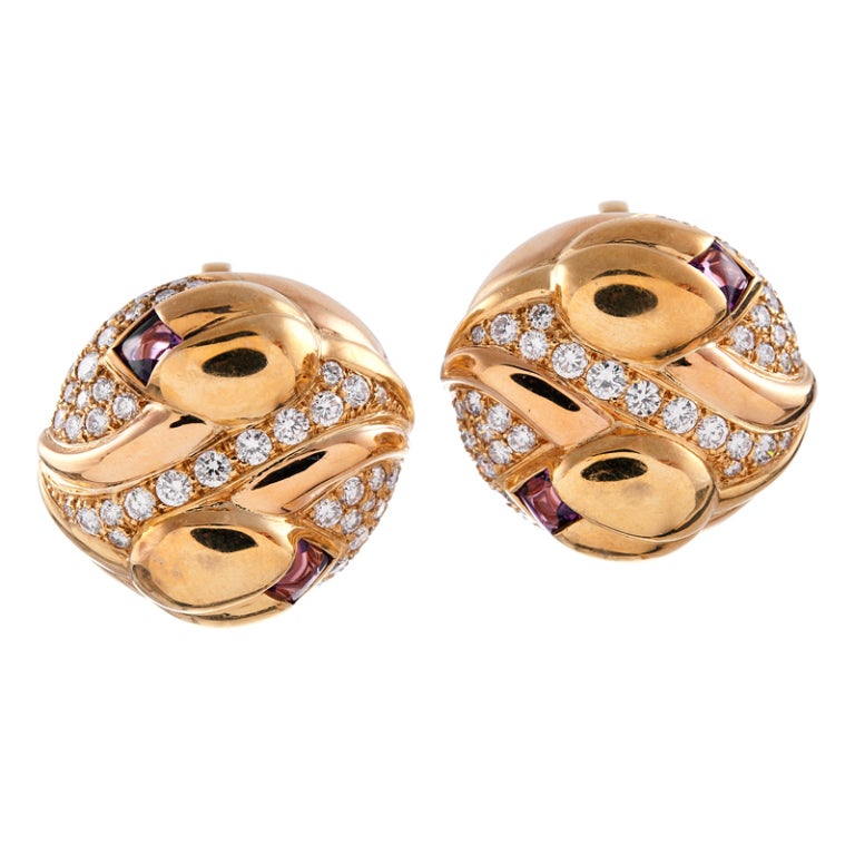 BULGARI Diamond, Pink Tourmaline & Yellow Gold Clip-On Earrings