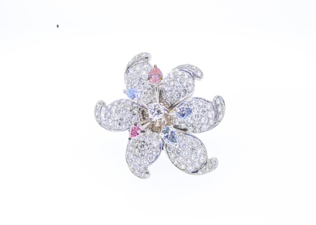 18K White Gold Earrings set â??en tremblantâ?? with 1.57 Carats of Natural Blue and Pink Diamonds.  10 Carats Total.