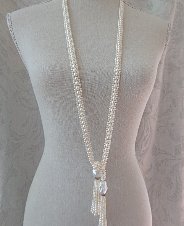 Artisan Intricate Woven Pearl Long Sautoir with Large Baroque Pearl Tassels