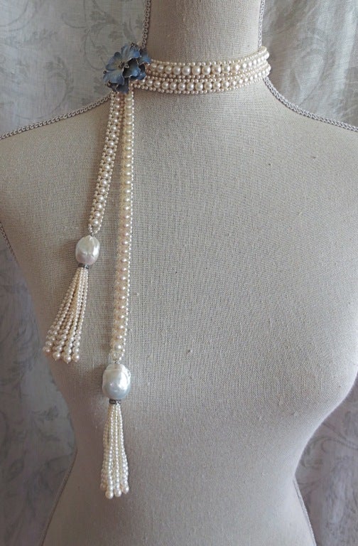 Women's Intricate Woven Pearl Long Sautoir with Large Baroque Pearl Tassels