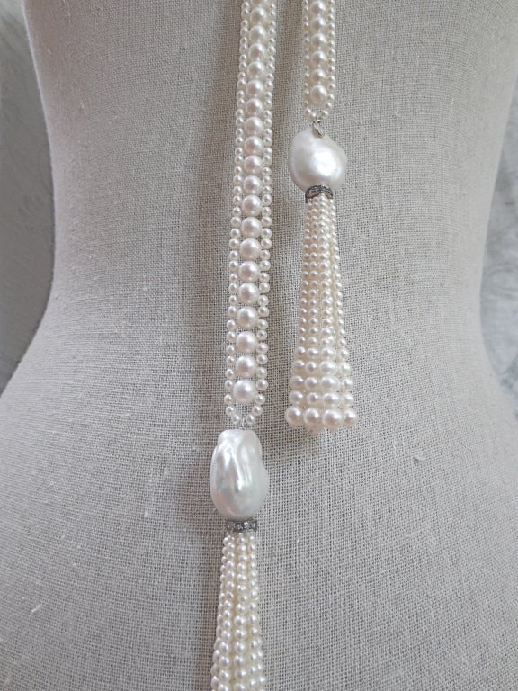 Intricate Woven Pearl Long Sautoir with Large Baroque Pearl Tassels 2