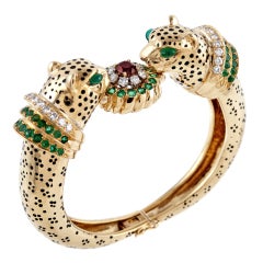 Emerald Ruby Diamond & Enamel Leopard Bangle Bracelet