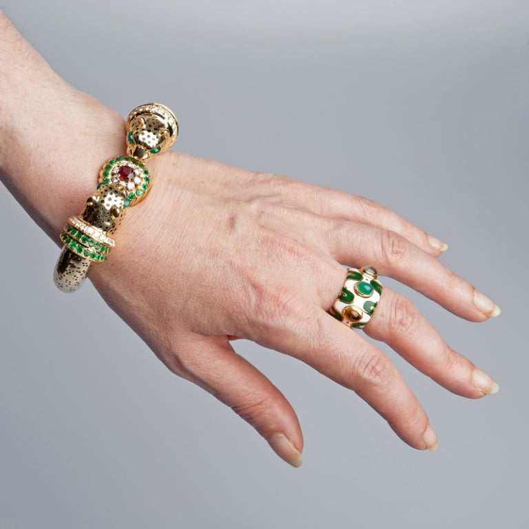 Emerald Ruby Diamond & Enamel Leopard Bangle Bracelet 1