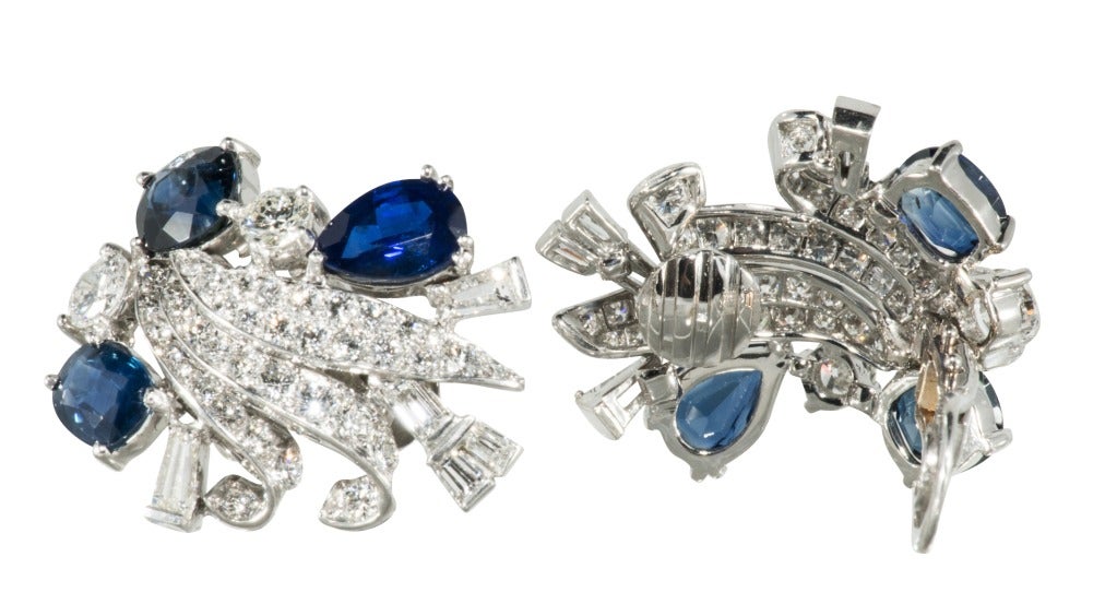 Cluster Diamond and Platinum Earrings with Sapphires