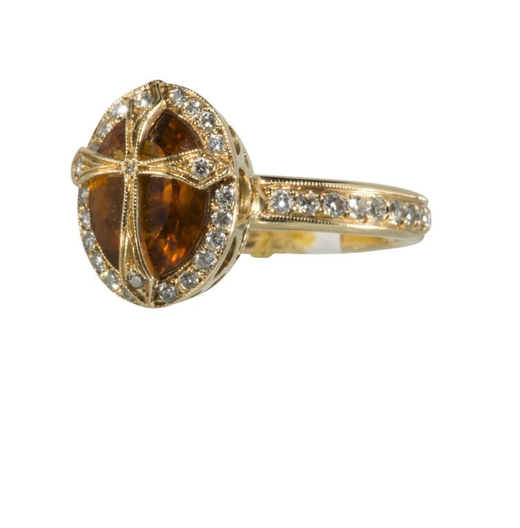 18 karat yellow gold cross ring with citrine and diamonds