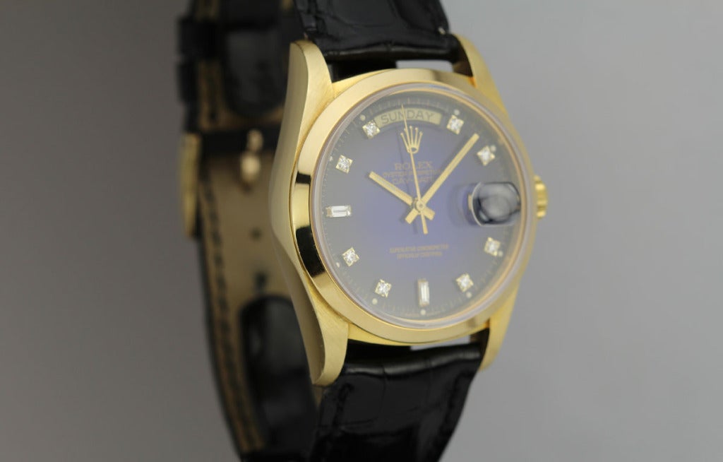 Rolex Yellow Gold Day-Date Wristwatch with Blue Vignette Dial