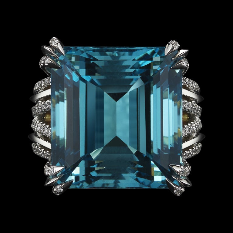 Contemporary Asscher-Cut Intense Aquamarine & Diamond Ring