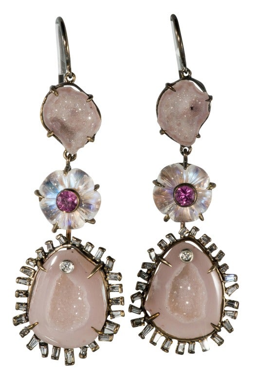 Magnificent Moonstone and pink Tourmaline Geode Earrings In New Condition In Houston, TX