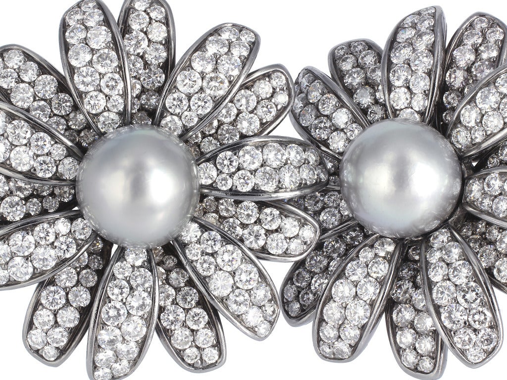 Contemporary Diamond and Tahitian Pearl Daisy Earrings