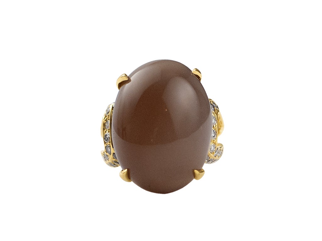 Cognac Moonstone Cabouchon Diamond Gold Ring