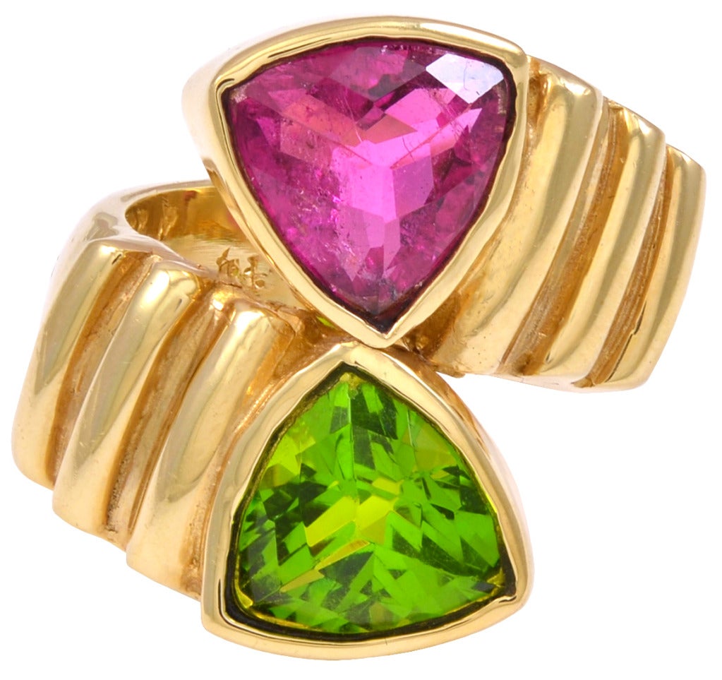 Gold Green Peridot and Pink Tourmaline Ring