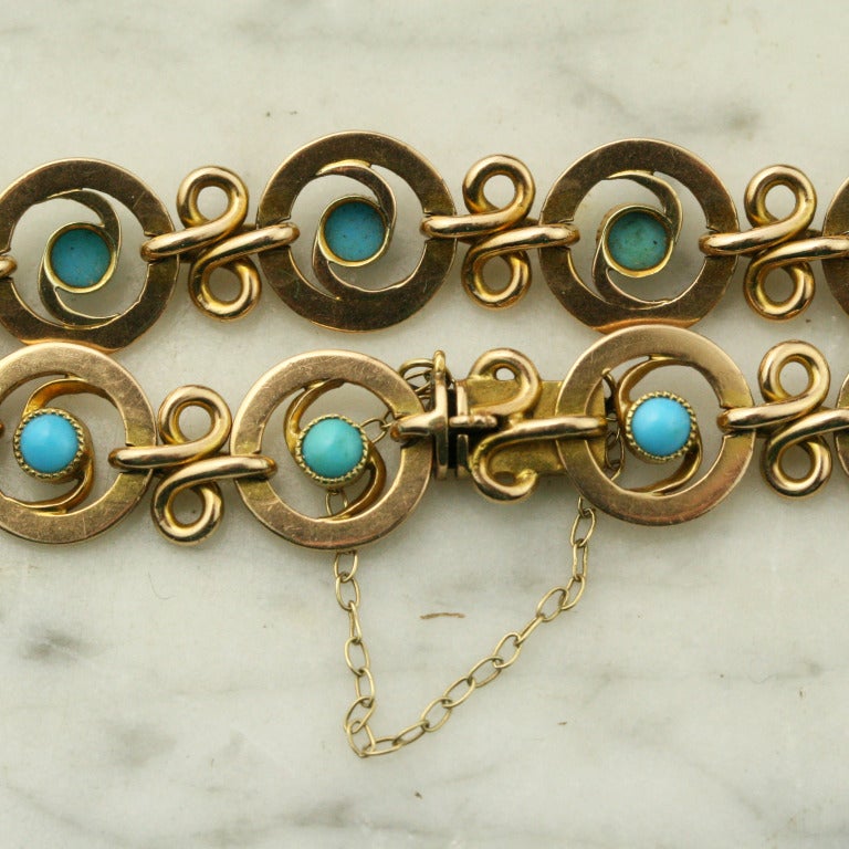 Women's Edwardian Gold and Turquoise Chain Bracelet For Sale