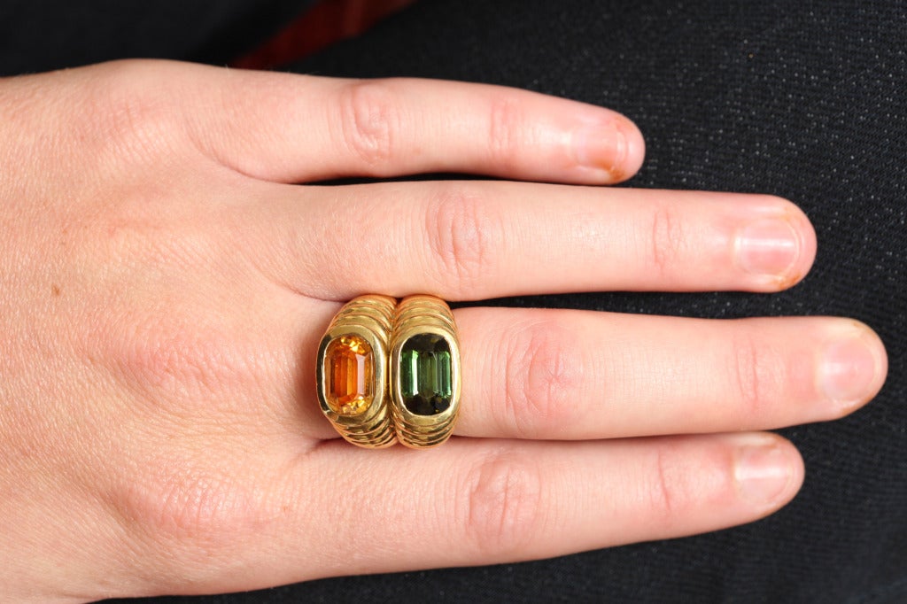 Emerald Cut Bold Honey Citrine and Green Tourmaline Gold Ring For Sale
