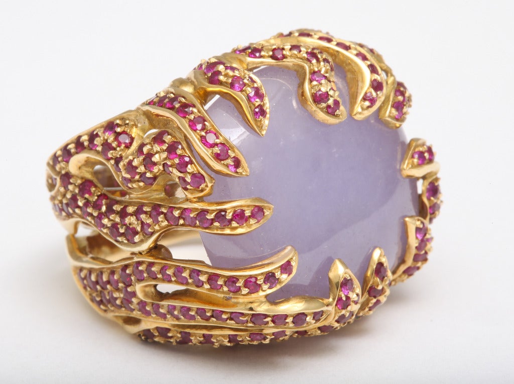 One Of A Kind Lavender Jade and Burmese Ruby Ring In New Condition In Bal Harbour, FL