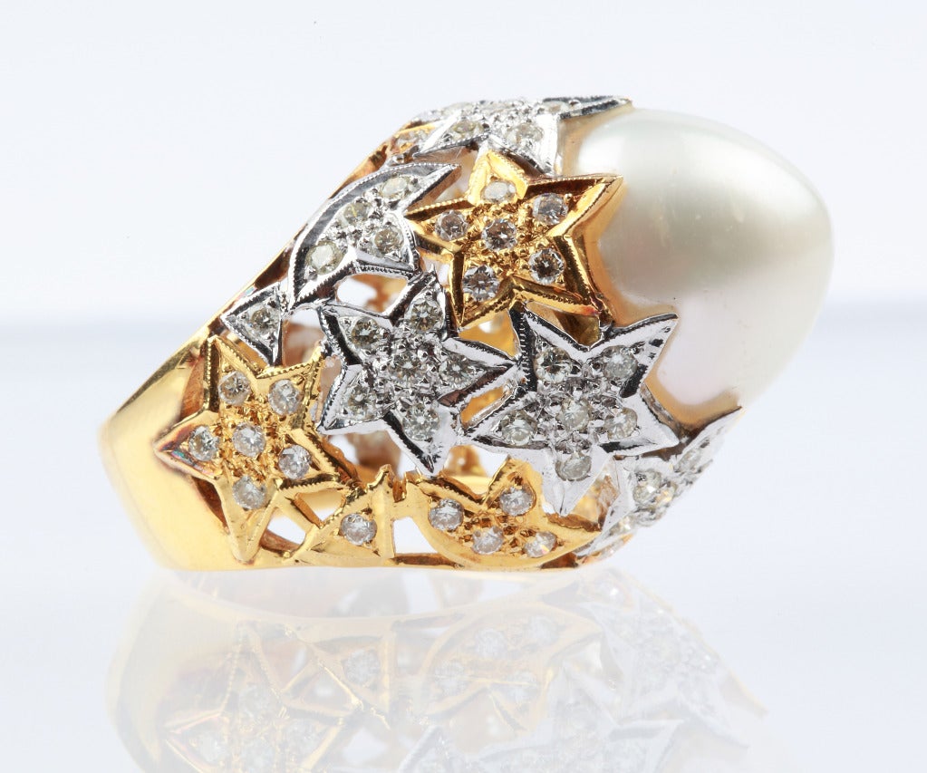 Women's Pearl Diamond Gold Star Cocktail Ring
