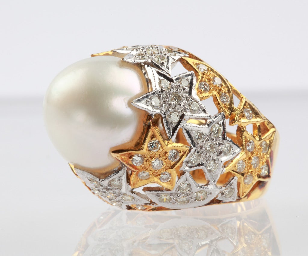 Pearl Diamond Gold Star Cocktail Ring 1