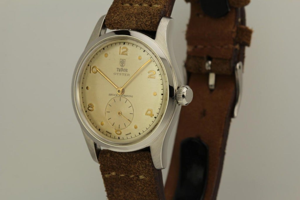 This is a beautiful Tudor Oyster wristwatch, Ref. 4463, with an aged Tudor flower / shield logo dial. Tudor / Rolex watches are highly sought after by collectors.