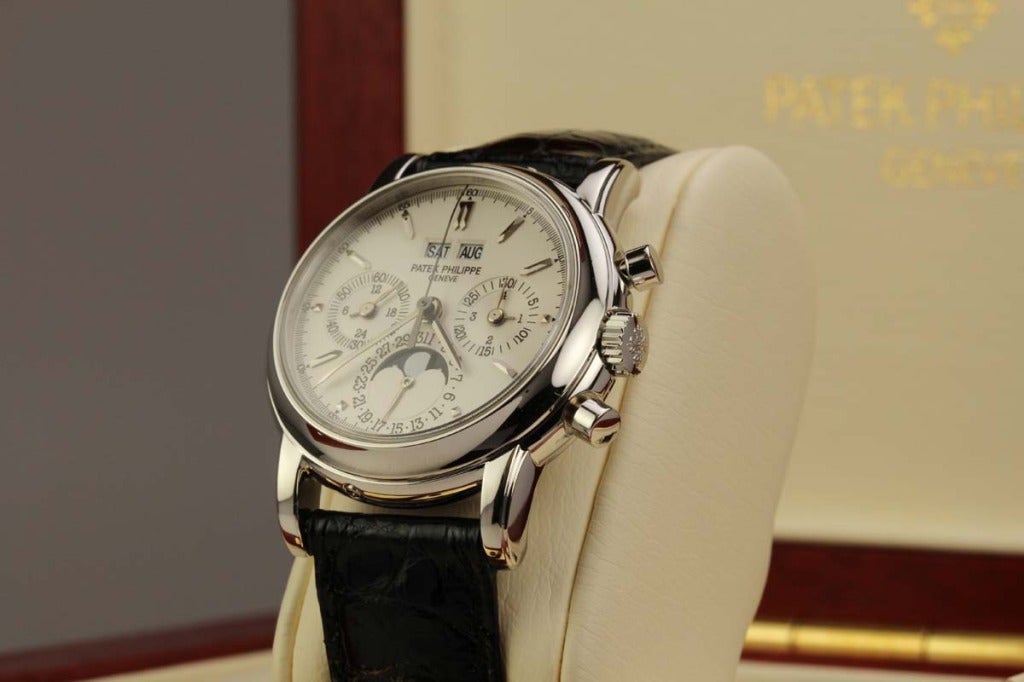 Patek Philippe Platinum Perpetual Calendar Chronograph Wristwatch Ref 3970EP In Excellent Condition In Miami Beach, FL