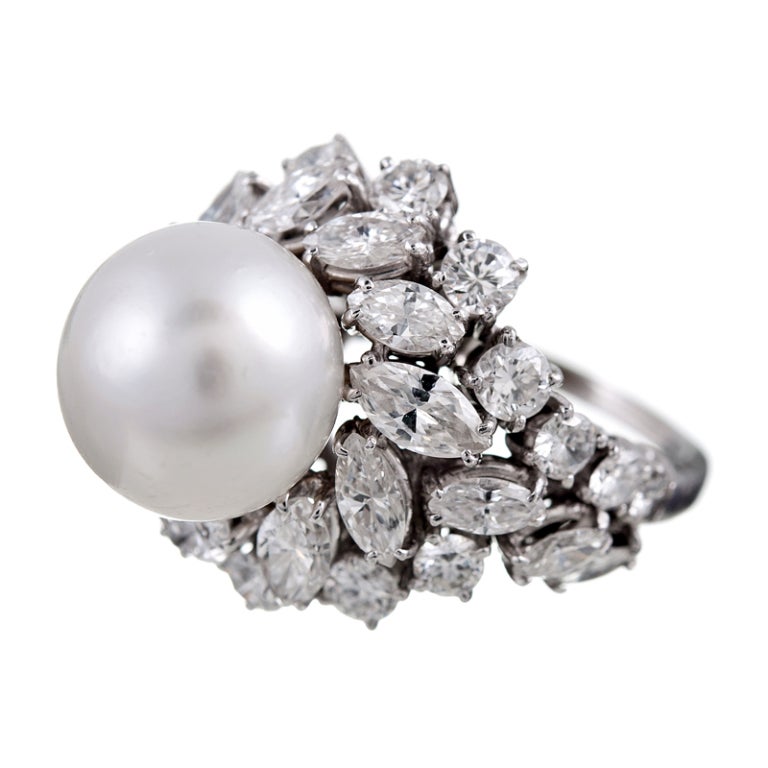 1950's Platinum Pearl and Diamond Asymmetric Ring