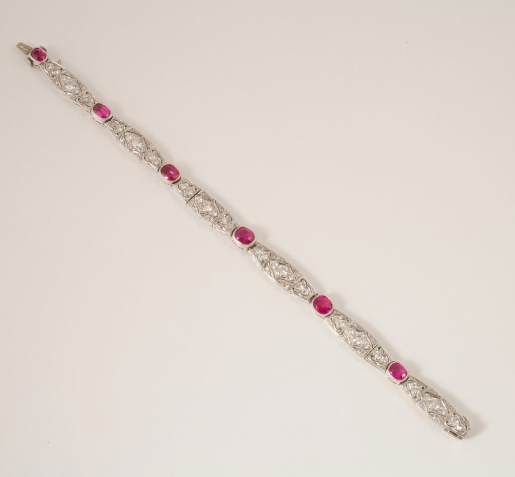 Women's 1920s Art Deco Ruby Diamond Platinum Bracelet