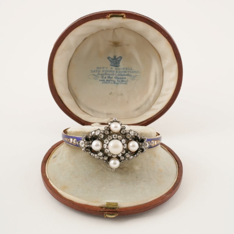 Hunt & Roskell London Antique Enamel Natural Pearl Diamond Gold Bracelet/Brooch 3