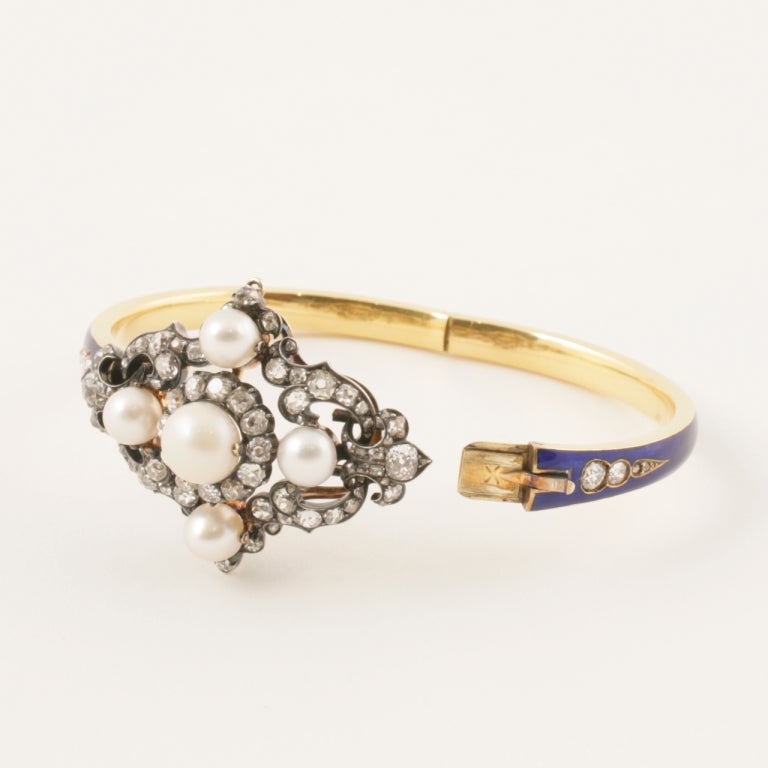 Women's Hunt & Roskell London Antique Enamel Natural Pearl Diamond Gold Bracelet/Brooch