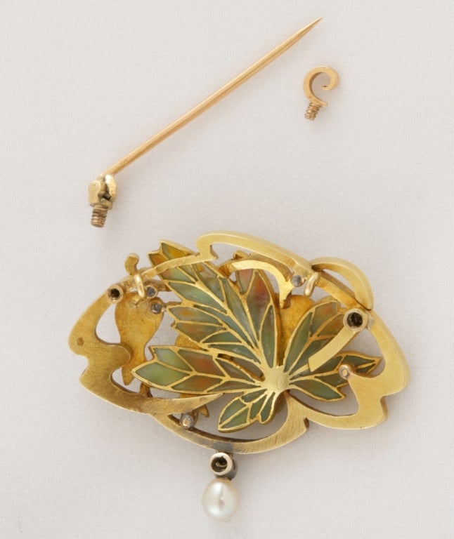 Gaston Laffitte Art Nouveau Plique a Jour Enamel Opal Gold Pendant/Brooch In Excellent Condition In New York, NY