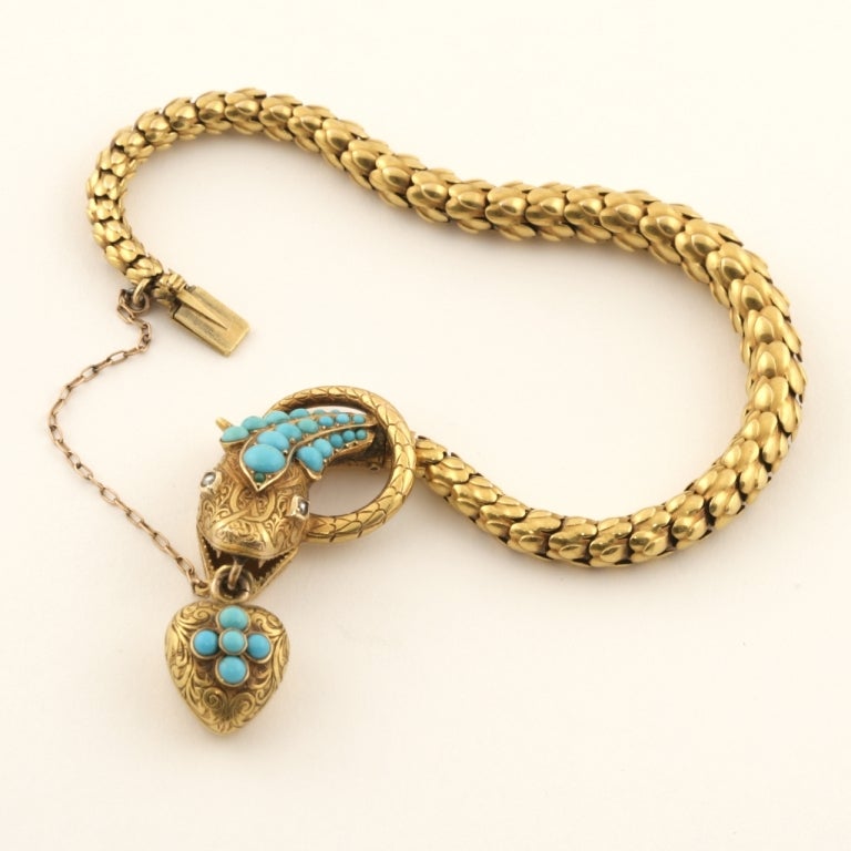 Antique Victorian Turquoise Diamond Gold Serpent Locket/Bracelet In Excellent Condition In New York, NY