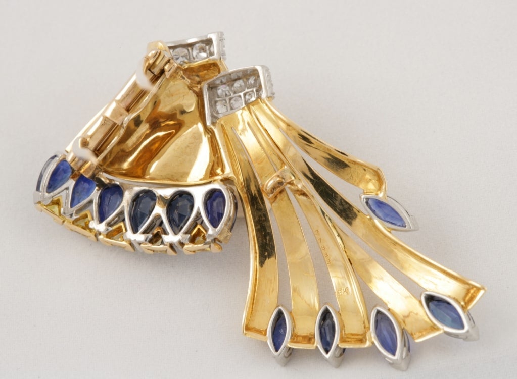 Women's Oscar Heyman Bros. 1940s Retro Sapphire Diamond Gold Double Clip Brooch
