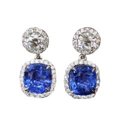 Unique GIA Natural No Heat Ceylon Cushion Sapphire and Diamond Earrings 1