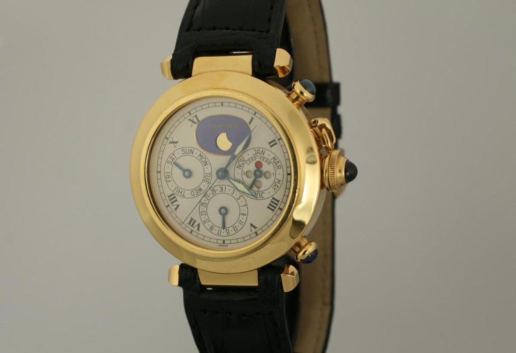 Cartier Yellow Gold Pasha Triple Date Moonphase Chronograph Wristwatch In Excellent Condition For Sale In Miami Beach, FL