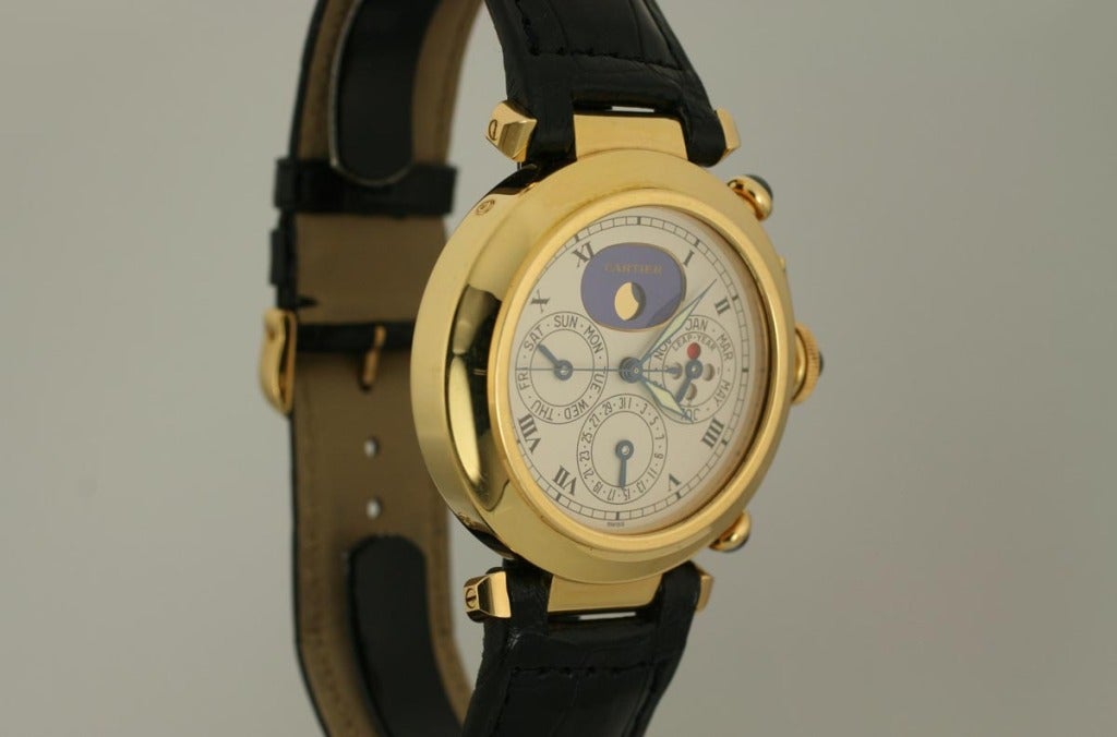 Women's or Men's Cartier Yellow Gold Pasha Triple Date Moonphase Chronograph Wristwatch For Sale