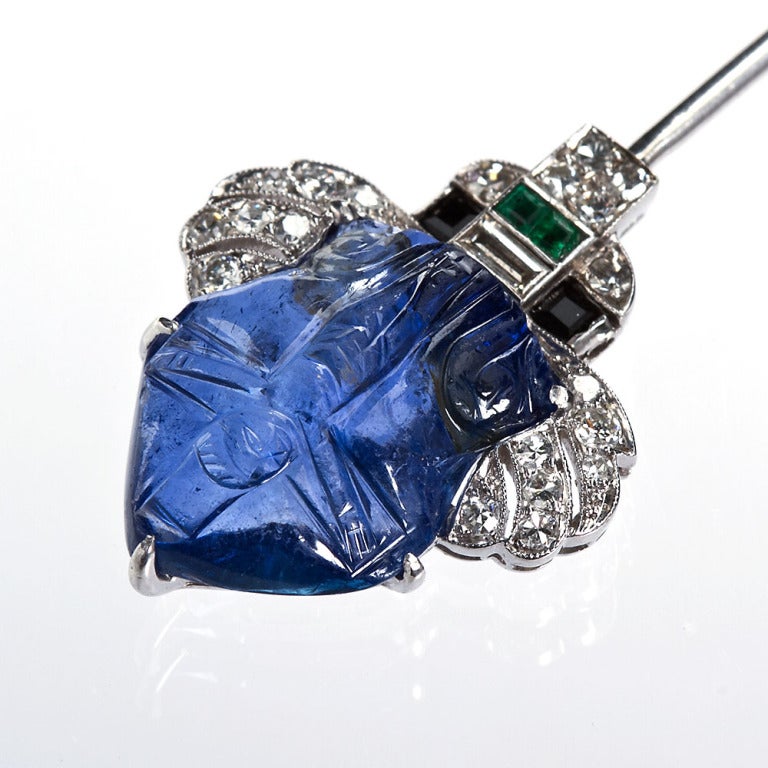 Art Deco Carved Sapphire Diamond Jabot Pin Brooch 1