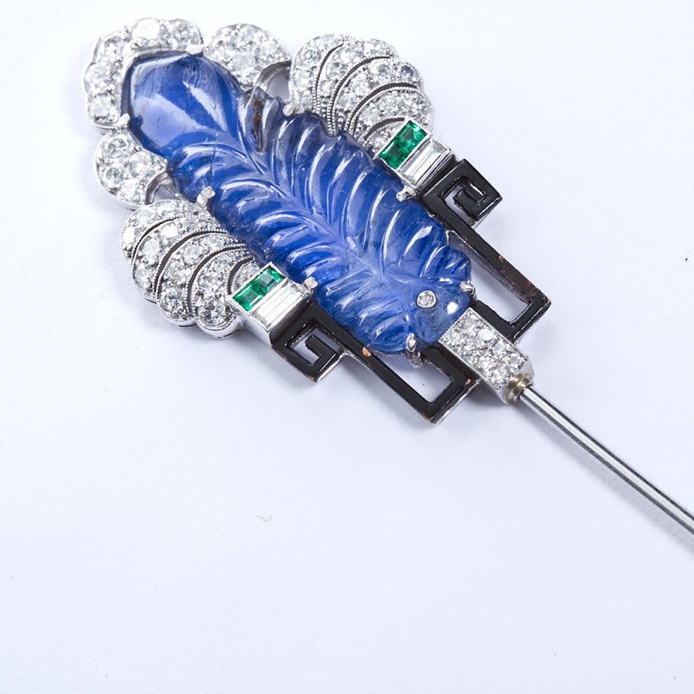 Women's Art Deco Carved Sapphire Diamond Jabot Pin Brooch
