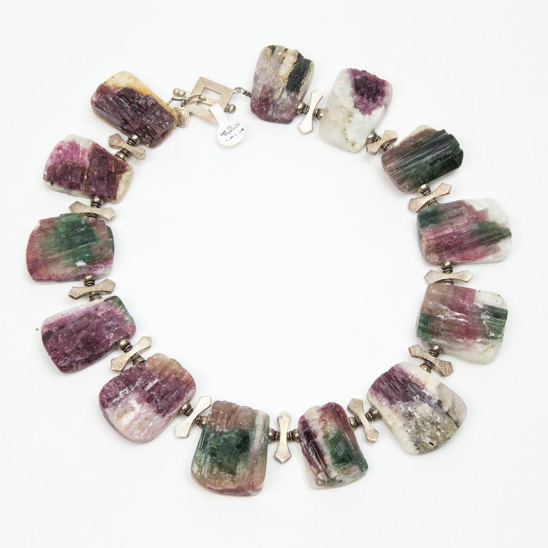 Square Cut Natural Free-Form Tourmaline Druzy Silver Necklace For Sale