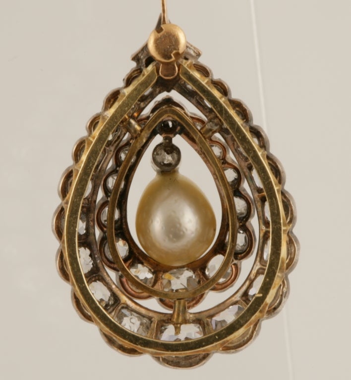Antique Natural Pearl Diamond Silver on Gold Ear Pendants