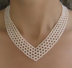 Women's Woven, multi-stand, seed Pearl Necklace with Gold clasp